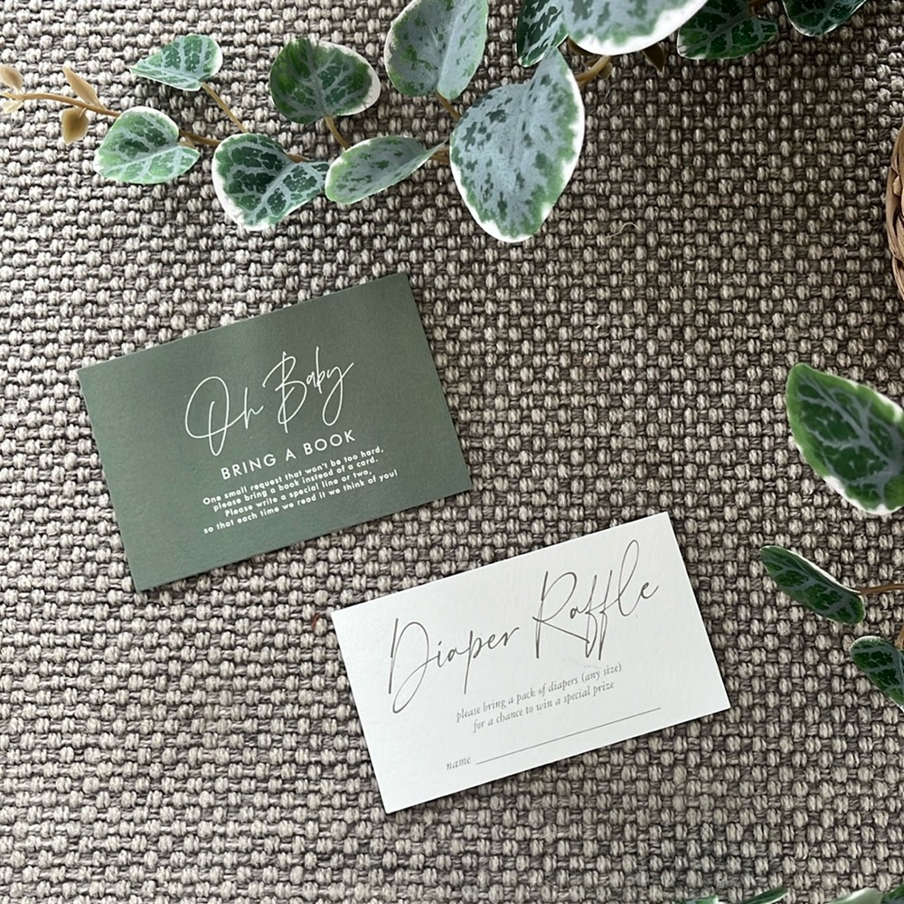 Zazzle Sage Green Baby Shower “Bring a Book” and “Diaper Raffle” Cards